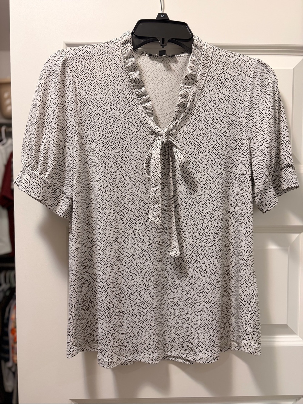 Adrianna Papell White Blouse with Black Dot Print Tie-Neck